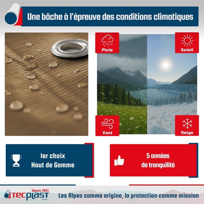 TECPLAST Bâche Jardin 4x4 m LP506JD Beige foncé - Garantie 5 ans - Bâche PVC étanche - Résistance Anti-UV