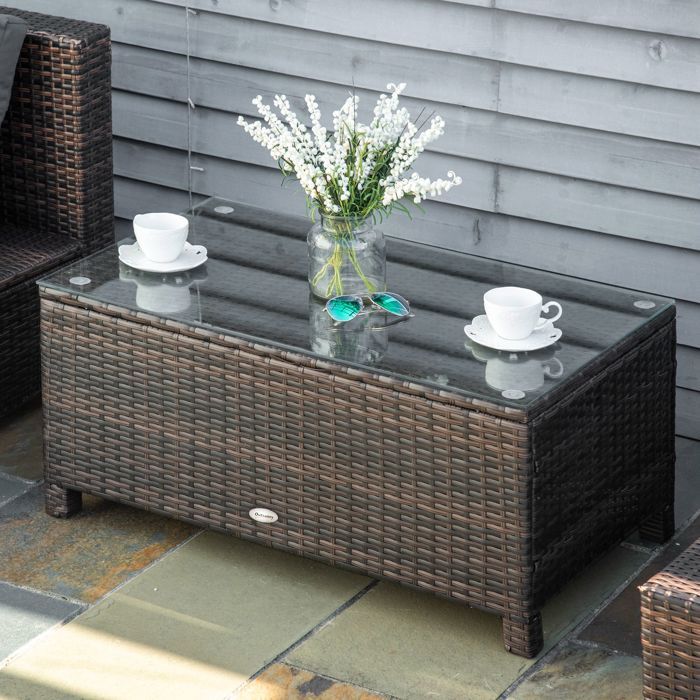 Table basse de jardin - Outsunny - plateau verre trempé 5 mm résine tressée terrasse - résine - 85x50x39cm - marron