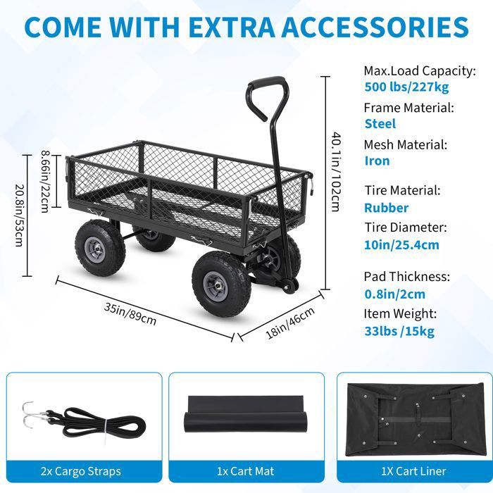 Chariot de Jardin Basculeur Renforcé - Capacité 600 lb (272 kg) -Réglable à 180° - Roues Tout-Terrain 10"- Résistant à la Rouille