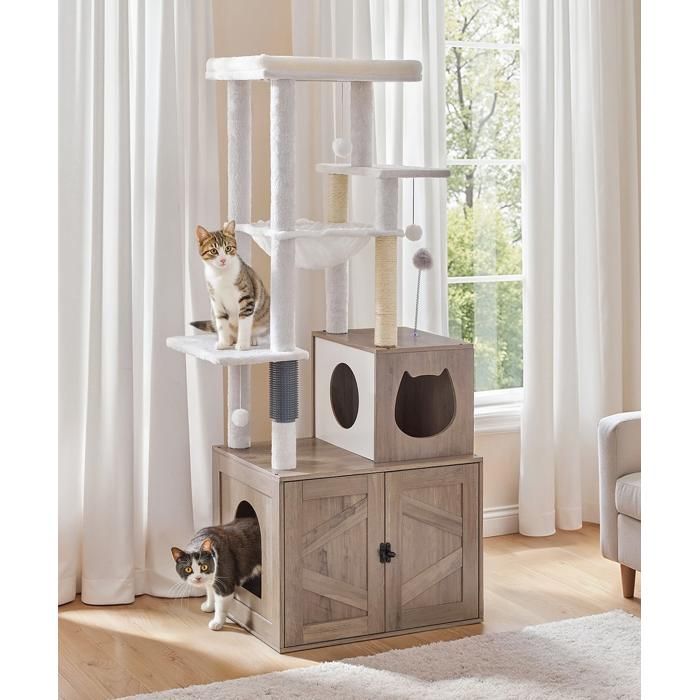 Arbre à Chat avec Maison de Litière pour Chat-HOOBRO-Maison pour Chat en Bois avec Tour à Chat-60 x 45 x 151 cm-Grège