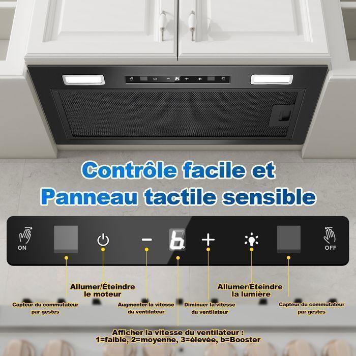 Hotte Aspirante-hotte encastrable-750 m³/h-L 52cm Kichpower -Gestuelle - Tactile - Booster - Recyclage avec Filtre à Charbon - A+++