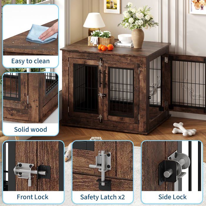 Cage pour Chien en Bois Rustique avec Double Porte – Meuble d'Appoint Style Ferme Cage pour Chien Meuble 80×60x66cm, Brun