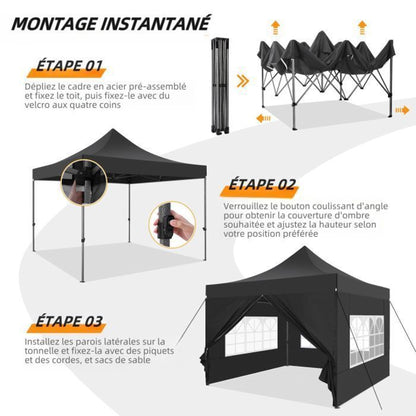 Tonnelle 3x3m Tonnelle Pliante de Jardin imperméable avec 4 côtés - Barnum Pliable Pavillon extérieur - Noir
