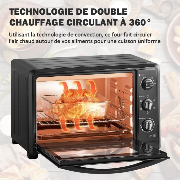 Four électrique à convection, 46L avec Tournebroche, 6 modes de cuisson, Lèchefrite avec pince, Grille de cuisson - Noir/Inox