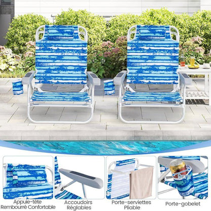 Lot de 2 Chaises de Jardin Extérieur Pliable COSTWAY, Cadre Léger en Aluminium, Dossier Réglable en 4 Positions, Sac Isotherme
