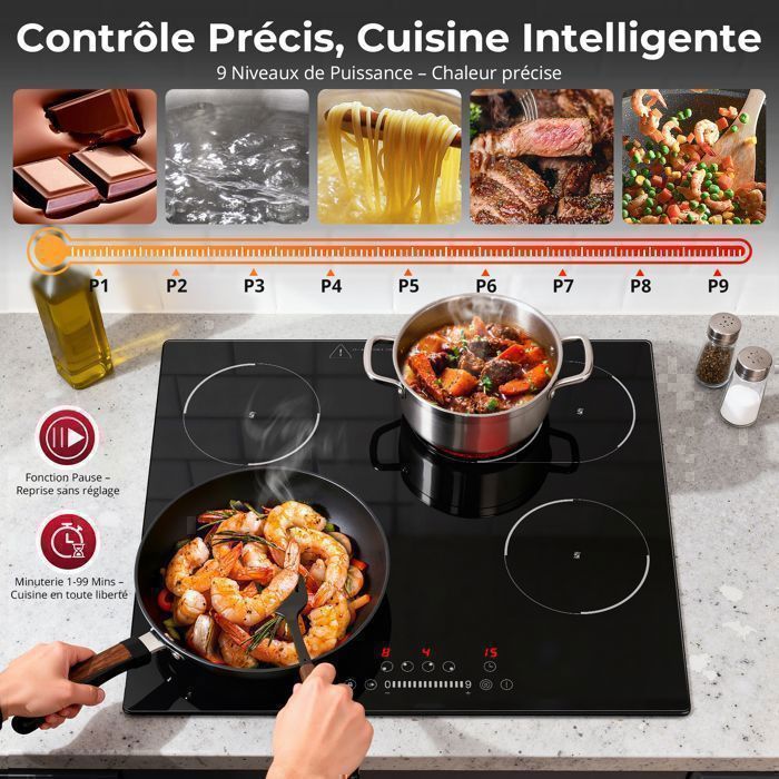 Plaque Vitrocéramique 4 Feux Encastrable,Sndoas 60cm Table de Cuisson,9 Niveaux de Puissance, Minuteur Intégré,6700W