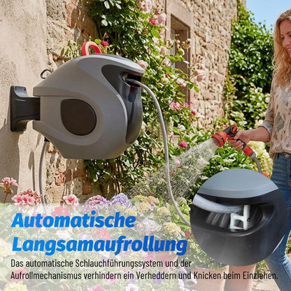 Enrouleur de Tuyau d'Arrosage Automatique 30m, Dévidoir Mural Pivotant 180° avec Buse à 9 Fonctions, Anti-UV et Gel