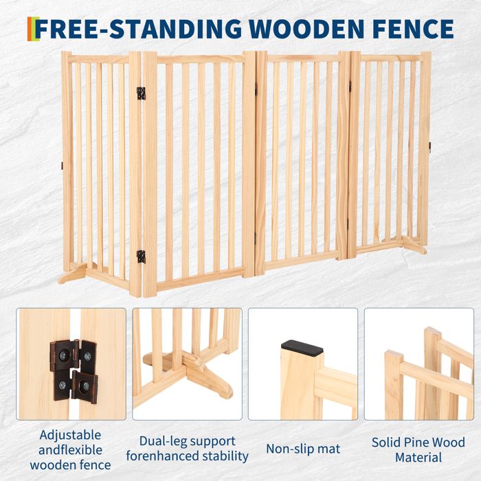 Barrière pour chien autoportante en bois massif, 4 panneaux pliables, tapis antidérapants, Sans peinture, 203*1.8*90 cm