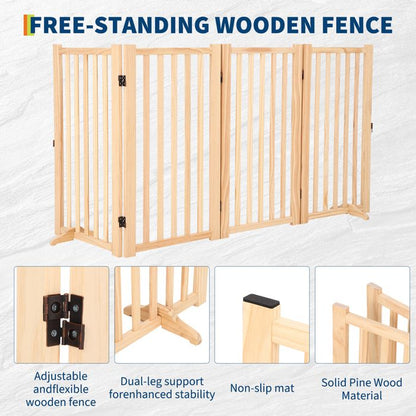 Barrière pour chien autoportante en bois massif, 4 panneaux pliables, tapis antidérapants, Sans peinture, 203*1.8*90 cm