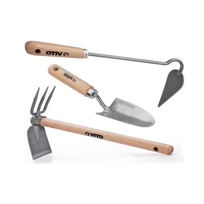 Kit 9 outils de jardin Manche bois Hêtre Inox et Fer forgés à la main  VITO
