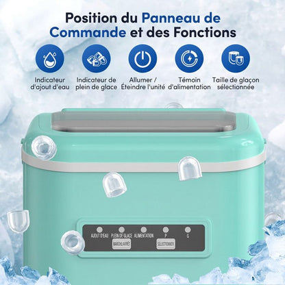Machine à glaçons noire portable 12kg/24h, réservoir 1.4L, 9 glaçons en 6min, fonction autonettoyante, bruit inférieur 40dB