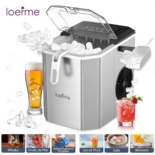 Acier inoxydable Machine à glaçons 12kg/24h, 1.2L, 9 glaçons en 6min, autonettoyante, poignée et support inclus, argentée