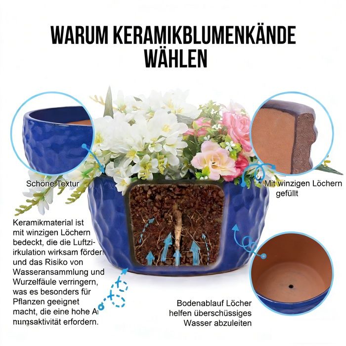 Lot de 3 Pots de Fleurs en Céramique Fait Main - 38/30/25 cm - Bleu Antique