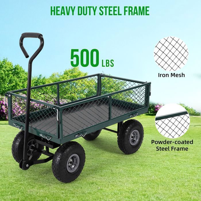 Chariot de Jardin Basculeur Renforcé - Capacité 600 lb (272 kg) -Réglable à 180° - Roues Tout-Terrain 10"- Résistant à la Rouille