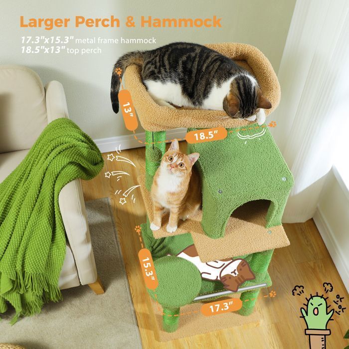 PAWZ Road Arbre à chat Design Spacieux Grande Hamac Dur Stable Avec hamac et belle maison pour chat - Cactus vert - 143 cm