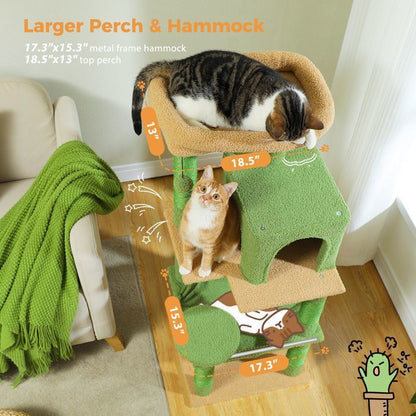 PAWZ Road Arbre à chat Design Spacieux Grande Hamac Dur Stable Avec hamac et belle maison pour chat - Cactus vert - 143 cm