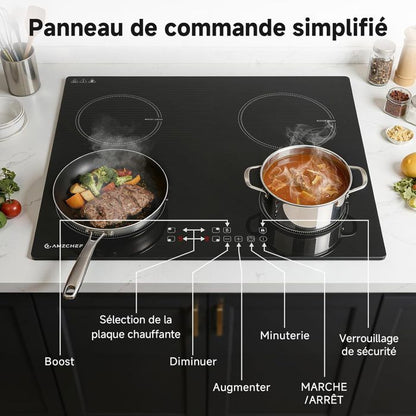 Table de cuisson 3 foyers AMZCHEF 9 niveaux de puissance 7400W avec 3 boosters Encastrable
