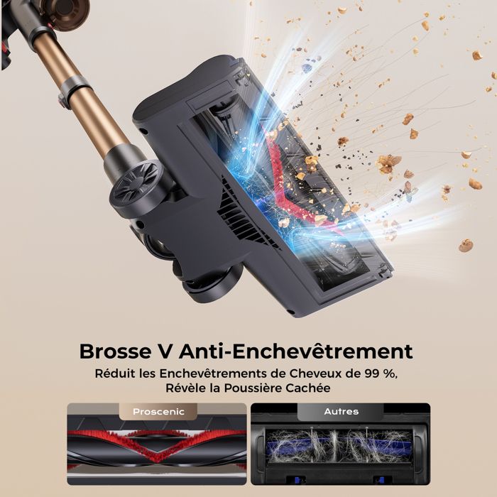 Proscenic aspirateur balai sans fil PO11 Ultra-Aspiration 55 kPa-Brosse Anti-Emmêlement - Pivot flexible à 180°- Design Autonome