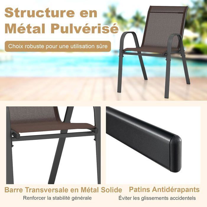COSTWAY Lot de 2 Chaises de Jardin, Tissu Respirant, Chaises à Manger Empilables avec Accoudoirs, pour Patio Terrasse Porche, Noir