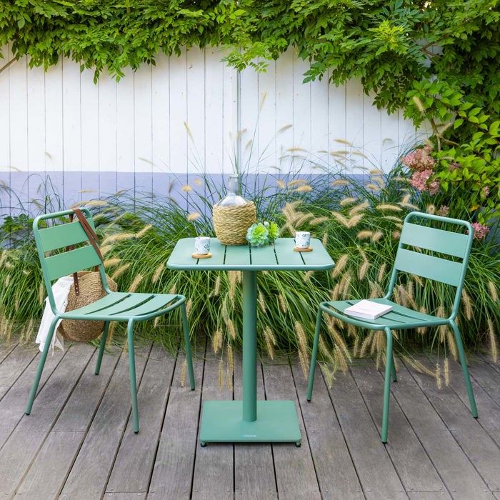 Table de jardin carrée "Phuket" bleu canard 2 places en acier traité époxy - Hespéride