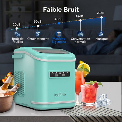 Machine à glaçons noire portable 12kg/24h, réservoir 1.4L, 9 glaçons en 6min, fonction autonettoyante, bruit inférieur 40dB