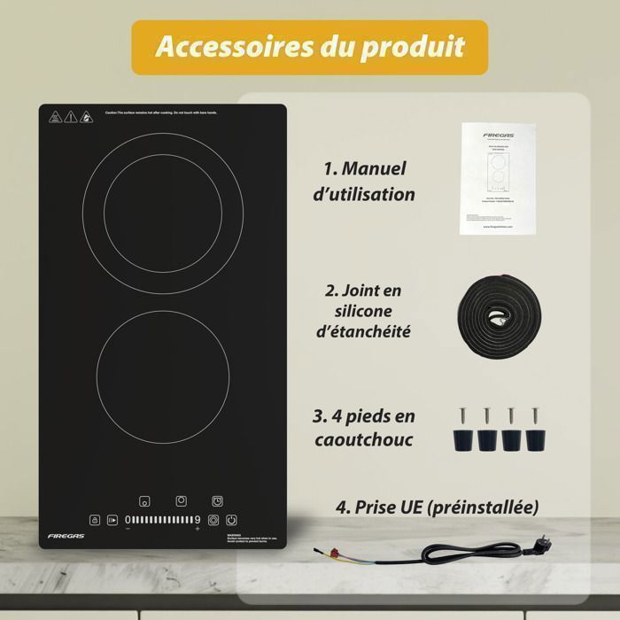 Plaque de Cuisson Vitrocéramique FIREGAS - 4 zones 7200W - L59 x P52 cm - Noir