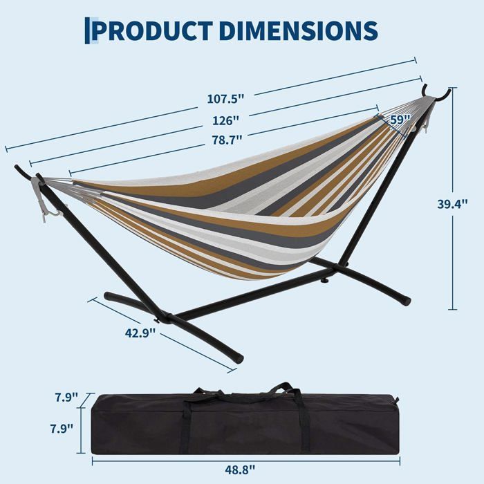 Hamac Double 12FT avec Support en Acier - Toile Matelassée 450LB - Barre en Bois Dur - Sac de Transport Inclus - Beige