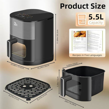 UTEN Air Fryer Sans Huile 5.5L 2000W,Friteuse à Air avec Écran Tactile LED,14 Programmes et Fenêtre Visible,Cuisson Rapide et Saine