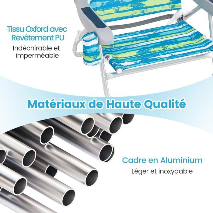 Lot de 2 Chaises de Jardin Extérieur Pliable COSTWAY, Cadre Léger en Aluminium, Dossier Réglable en 4 Positions, Sac Isotherme
