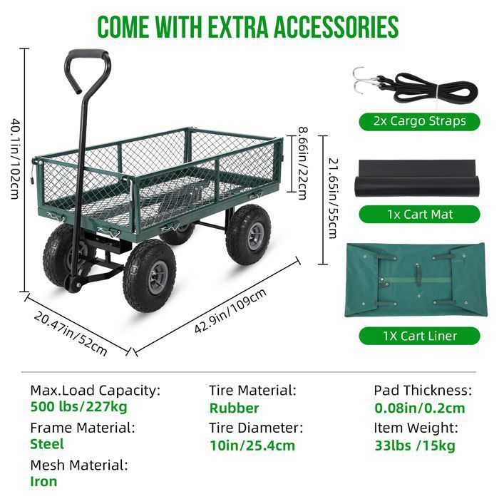 Chariot de Jardin Basculeur Renforcé - Capacité 600 lb (272 kg) -Réglable à 180° - Roues Tout-Terrain 10"- Résistant à la Rouille