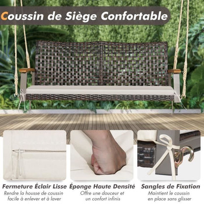 COSTWAY Banc Suspendu 2 Places en Rotin avec Cordes et Accoudoirs en Bois d'Acacia, Charge 360 kg, pour Jardin, Balcon, Marron