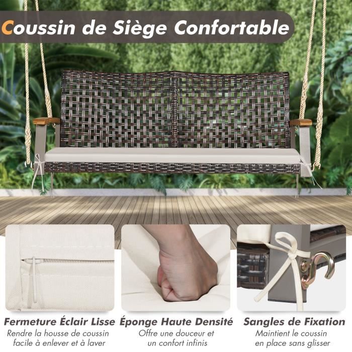 COSTWAY Banc Suspendu 2 Places en Rotin avec Cordes et Accoudoirs en Bois d'Acacia, Charge 360 kg, pour Jardin, Balcon, Marron