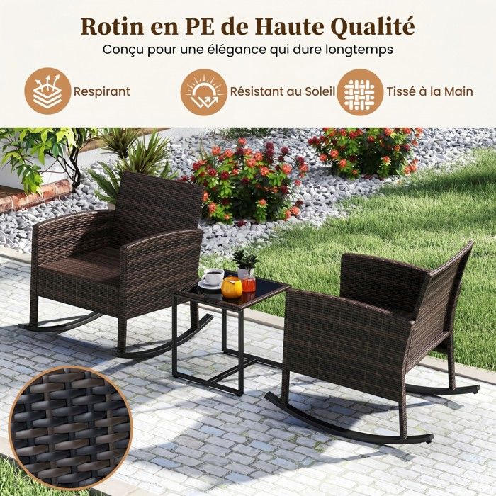 Ensemble Bistro de Jardin 3 Pièces COSTWAY, 2 Fauteuils à Bascule, Table Basse en Verre, Dossier et Coussins Déhoussables, Gris