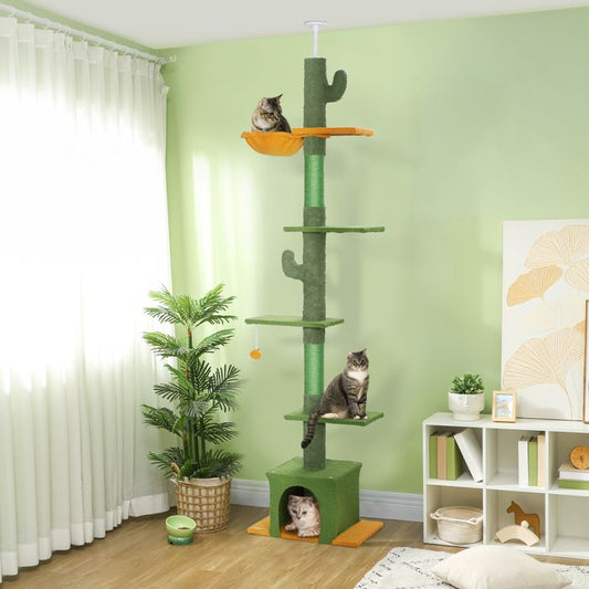 Arbre à chat - PawHut - 275H cm - du sol au plafond - 6 niveaux pour chat d'intérieur - plate-formes, niche, hamac, balle - vert