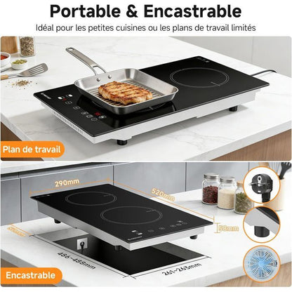 Table de cuisson 3 foyers AMZCHEF 9 niveaux de puissance 7400W avec 3 boosters Encastrable
