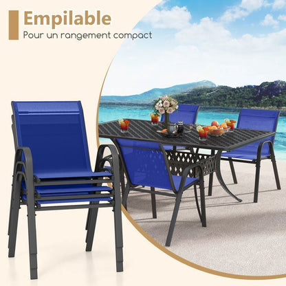 COSTWAY Lot de 2 Chaises de Jardin, Tissu Respirant, Chaises à Manger Empilables avec Accoudoirs, pour Patio Terrasse Porche, Bleu