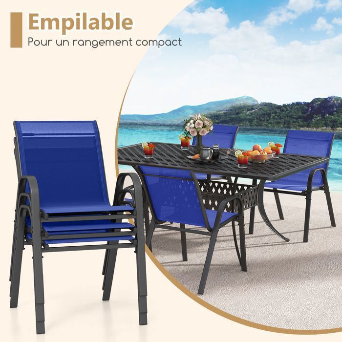 COSTWAY Lot de 2 Chaises de Jardin, Tissu Respirant, Chaises à Manger Empilables avec Accoudoirs, pour Patio Terrasse Porche, Noir