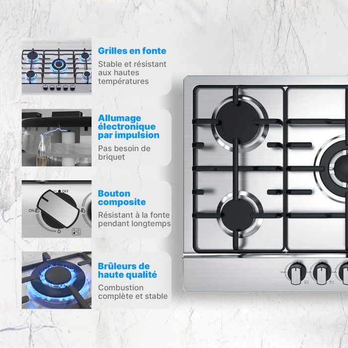 Plaque de Cuisson Gaz - WEHIMO - 4 Feux - Inox - Encastrable - L59 x P51 cm