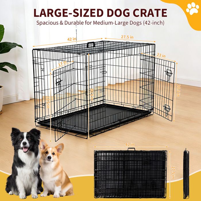 Cage pour Chien 42 “, Double Porte de Sécurité, Séparateur Amovible, Plateau Inclus, Cage Pliable, Voyage avec Chien, Noir