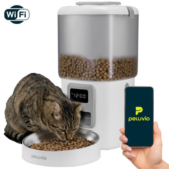 Distributeur de croquettes Automatique Chat PELUVIO Crispy - WiFi - 4,5 L - 4 Repas/jour - Enregistrement Vocal - Noir