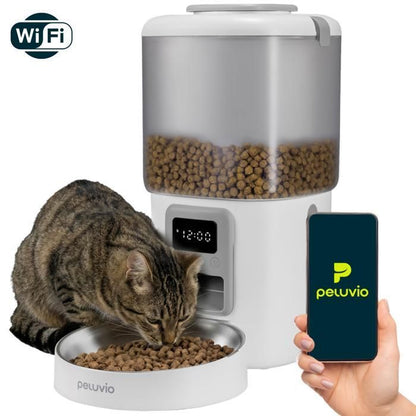 Distributeur de croquettes Automatique Chat PELUVIO Crispy - WiFi - 4,5 L - 4 Repas/jour - Enregistrement Vocal - Noir