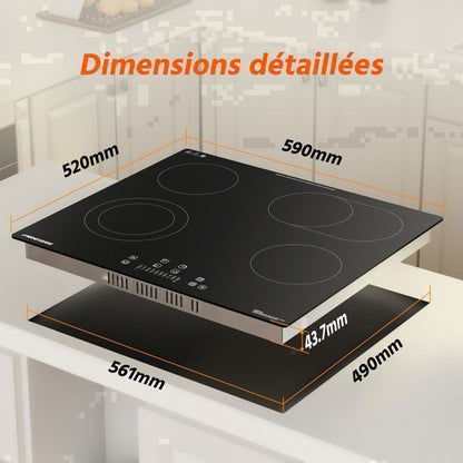 Plaque de Cuisson Vitrocéramique FIREGAS - 4 zones 7200W - L59 x P52 cm - Noir