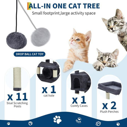 Arbre à Chat 2 en 1+ Enceinte de Litière Cachée - Meuble Chat Multiniveaux, Poteaux à Gratter, Boules Suspendues, Armoire - Marron