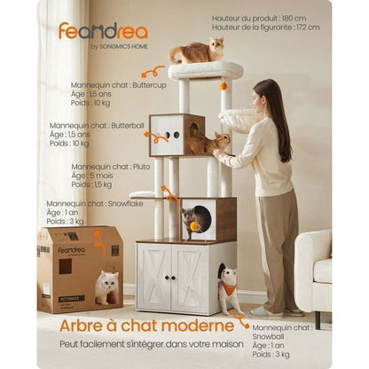 Arbre à Chat de 170 cm de Haut, Niche pour Chat, Meuble Cache-Litière, Marron et Blanc