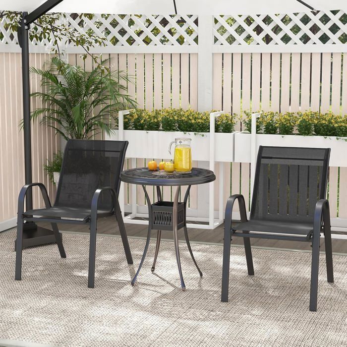 COSTWAY Lot de 2 Chaises de Jardin, Tissu Respirant, Chaises à Manger Empilables avec Accoudoirs, pour Patio Terrasse Porche, Noir