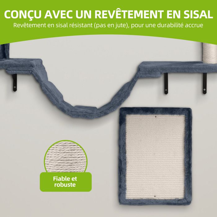 Balconera Lot 8 Murs escalade Chat - Peluche Stable, Arbre Mural Griffoirs, Pont, Escaliers & Boule, Gris Foncé