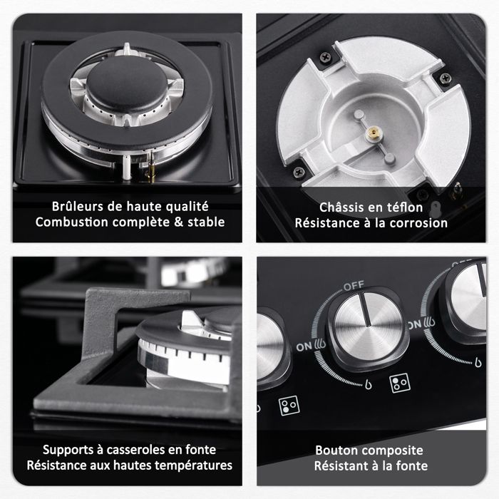 Plaque gaz encastrable - ISEASY - 4 feux 60 cm - Verre trempé - Supports fonte - Compatible NG/GPL