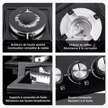 Plaque gaz encastrable - ISEASY - 4 feux 60 cm - Verre trempé - Supports fonte - Compatible NG/GPL