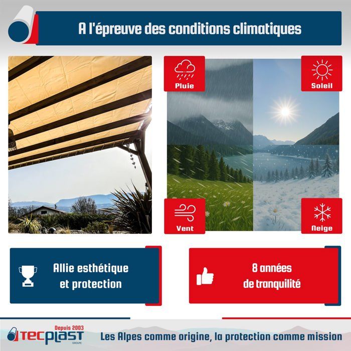 TECPLAST Toile Pergola Blanc Crème 2,5x3,5 m LP640PR - Garantie 8 ans - Bâche Pergola ou Tonnelle étanche en PVC pour terrasse