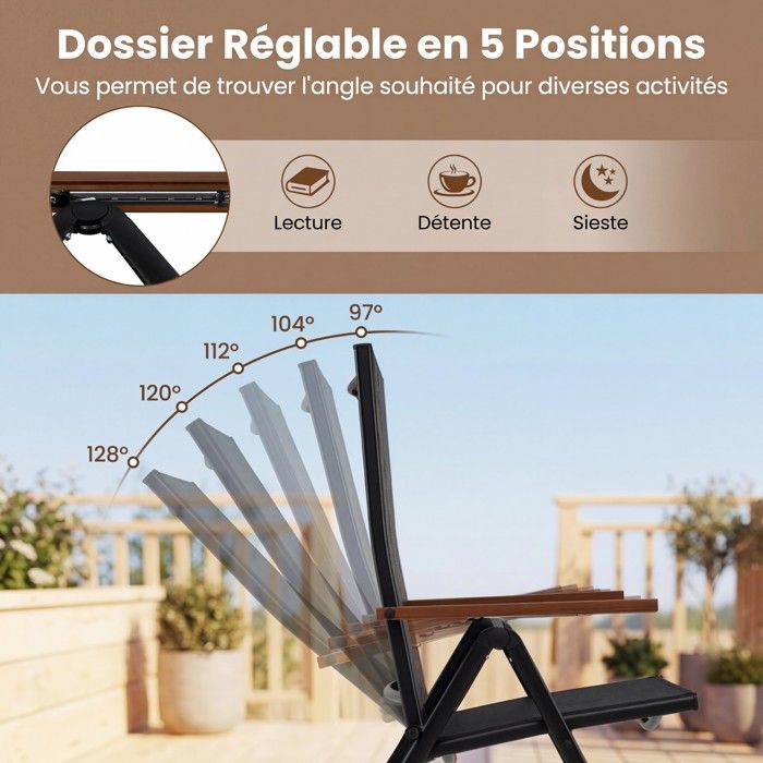 Lot de 4 Chaises Pliantes de Jardin COSTWAY, Dossier Ajustable à 5 Positions, Accoudoirs, Cadre en Métal, Extérieur Intérieur, Noir
